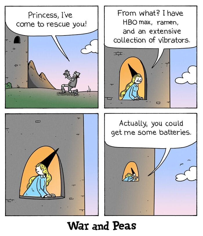 Comic strip of the Grim Reaper struggling with everyday life, holding a coffee at Starbucks