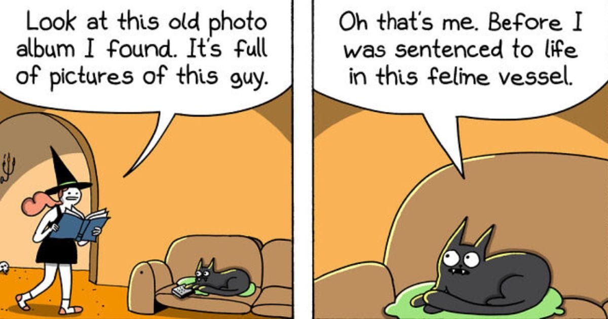 Comic strip of the Grim Reaper struggling with everyday life, holding a coffee at Starbucks